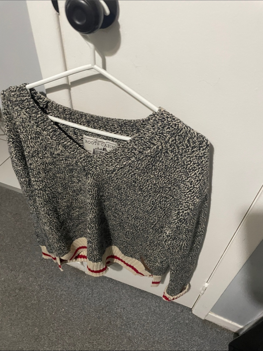 Roots Black & White Marled Crewneck Sweater with Red Stripe